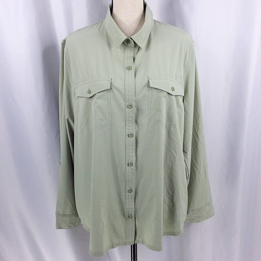Eddie Bauer Departure Button Down Top Women's Size XXL Green Roll Tab Sleeve